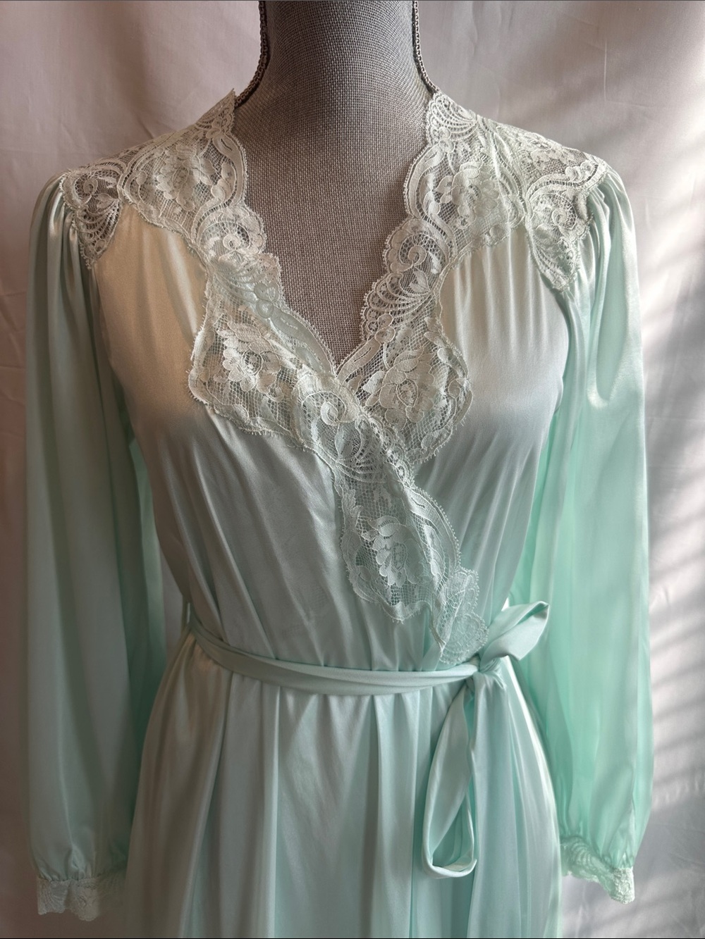 Miss Elaine Mint Green Lace-Trim Long Peignoir Set - Picture 2 of 13